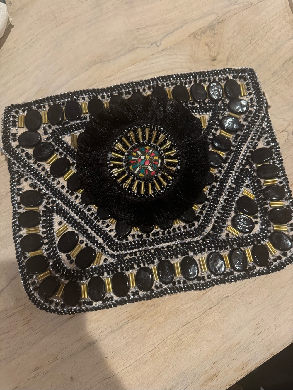 Beaded Black Embellished Envelope Clutch with Medallion Accent
